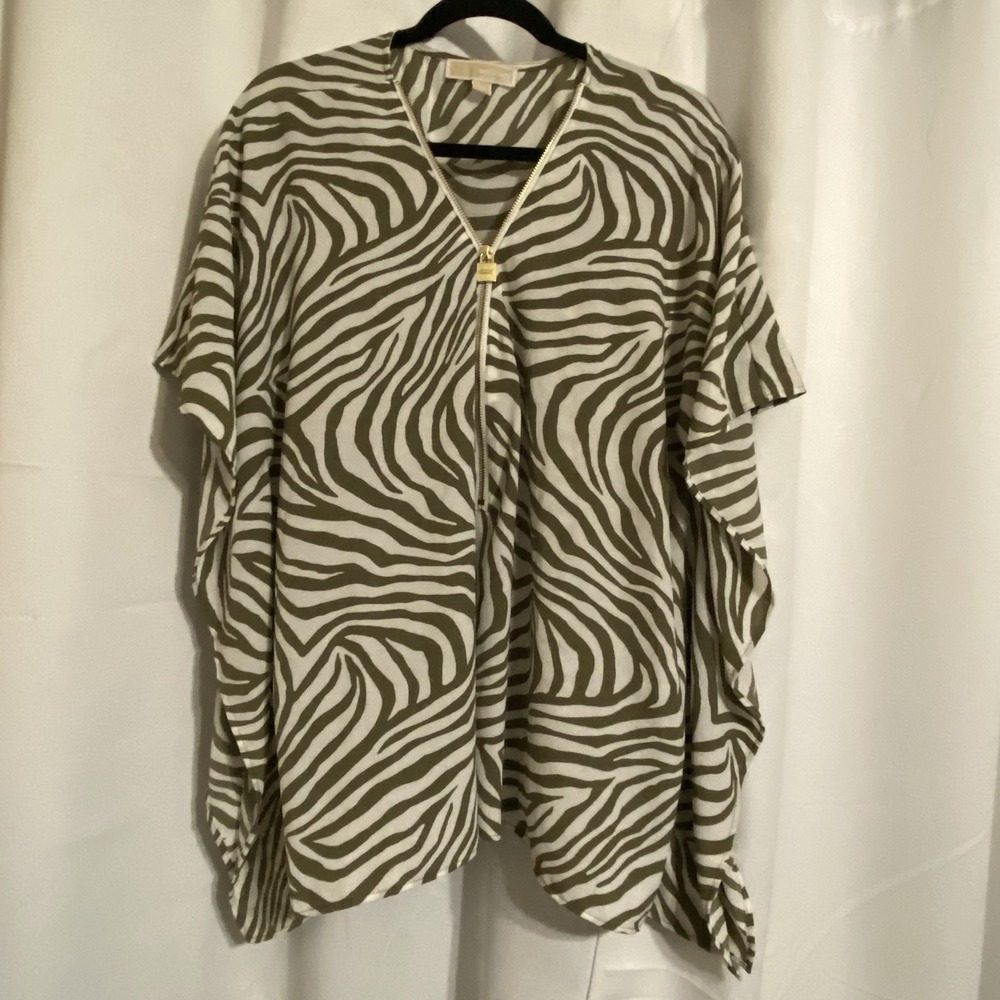Michael Kors‎ White Green Zebra Print Short Sleeves Kaftan Blouse Size L/XL